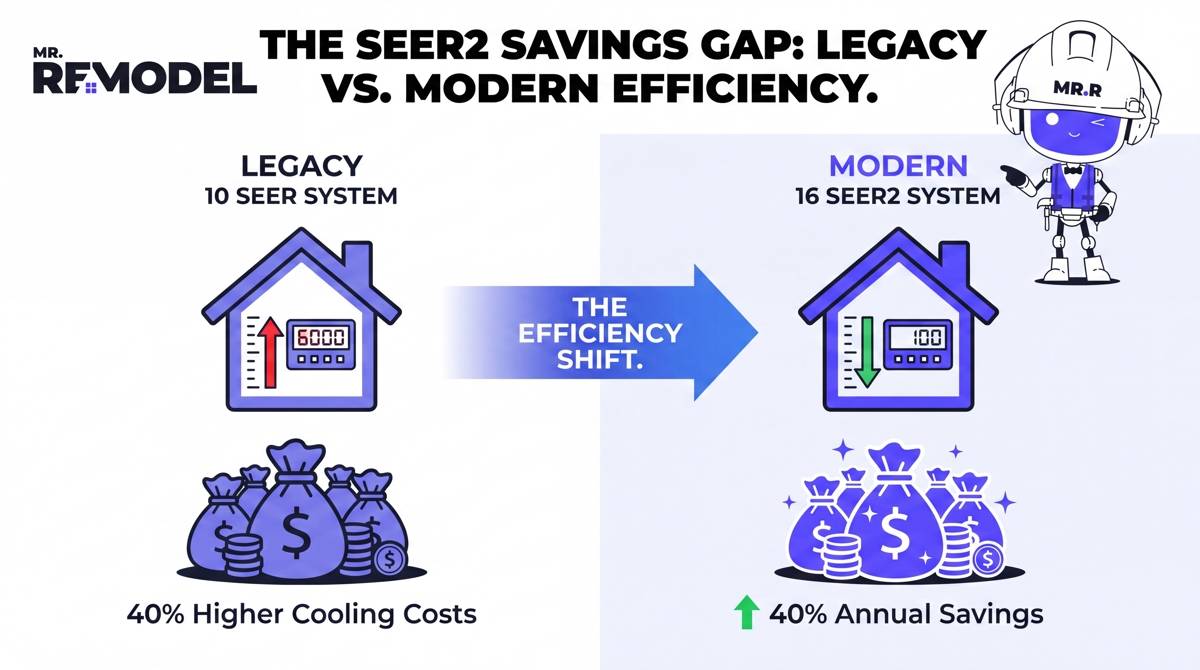 A powerful, dual-bar infographic. It shows a vertical comparison of two identical houses. House A (left) is labeled "Legacy 10 SEER" and shows a money bag with a red arrow pointing down, labeled "40% Higher Cooling Cost." House B (right) is labeled "Modern 16 SEER2" and shows a money bag with a green arrow pointing up, labeled "40% Annual Savings." A central text callout highlights: "Upgrading from 10 to 16 SEER2 pays for itself."
